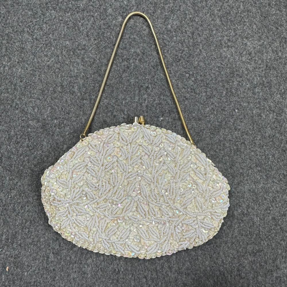 Vintage Handmade Hong Kong Beaded Sequin Evening Bag White Gold Kiss Lock Clutch